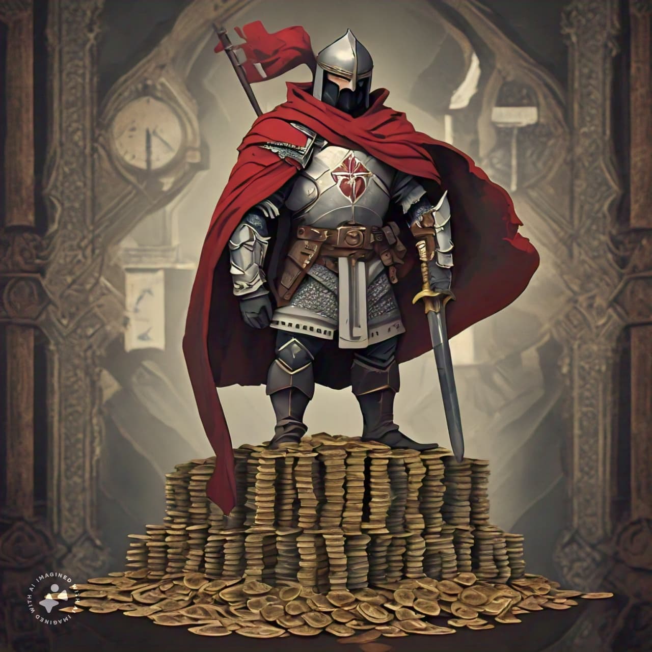 Knight in armor standing on a pile of money